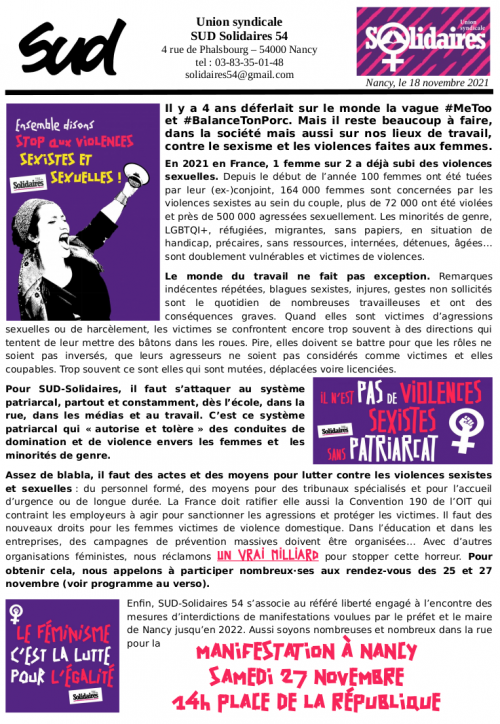 27 Novembre : Marche contre les violences sexistes et sexuelles à Nancy