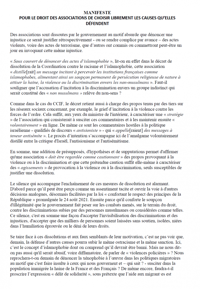 Manifeste pour le droit des associations de choisir librement les causes qu’elles défendent