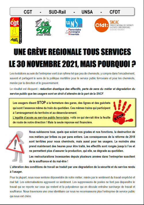 SNCF AUVERGNE-NIVERNAIS : APPEL À LA GRÈVE GÉNÉRALE LE 30 NOVEMBRE
